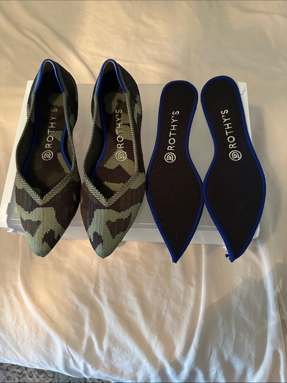*Like new* Rothy's Olive Camo Pointed-Toe Flats with Blue-Trim Insoles